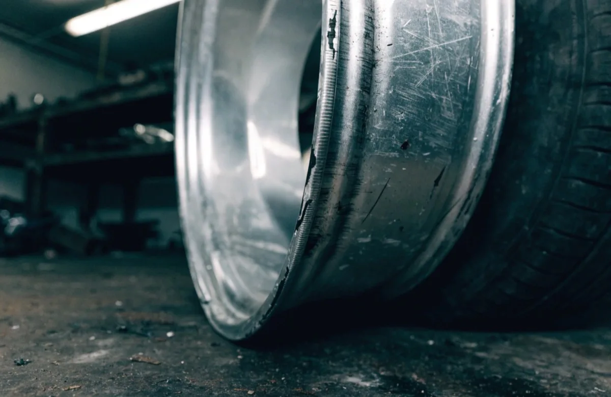 Porysowany rant felgi aluminiowej po kontakcie z krawężnikiem